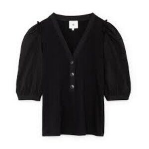Goop G. LABEL Phillip Puff Sleeve Button Henley Black Cotton Poplin Top Sz 12
